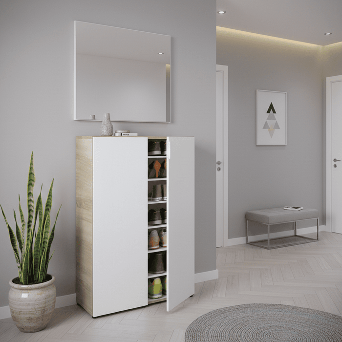 Alvaro White And Oak Effect 30 Pairs Shoe Cupboard Cabinet
