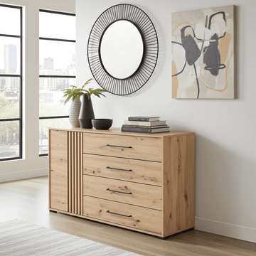 Amos Mann Oak Effect And Black 4 Drawer Sideboard
