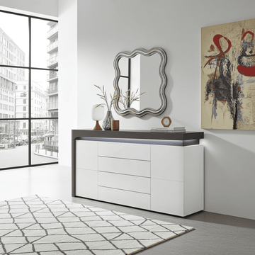 Amos Mann Grey And White Gloss 2 Door / 4 Drawer Sideboard With Lights
