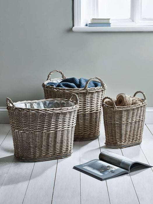 Three Greywash Rattan Baskets