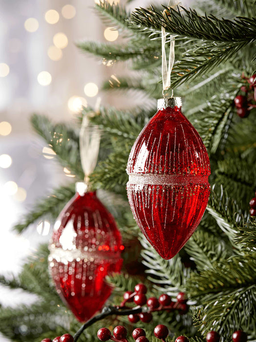 Six Glittered Drop Baubles - Red
