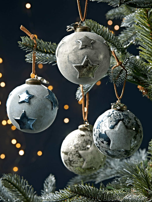 Six Embossed Starry Glass Baubles