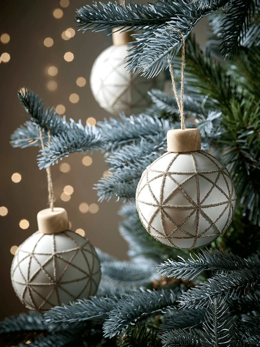 Six Geometric Beaded Baubles - Cream