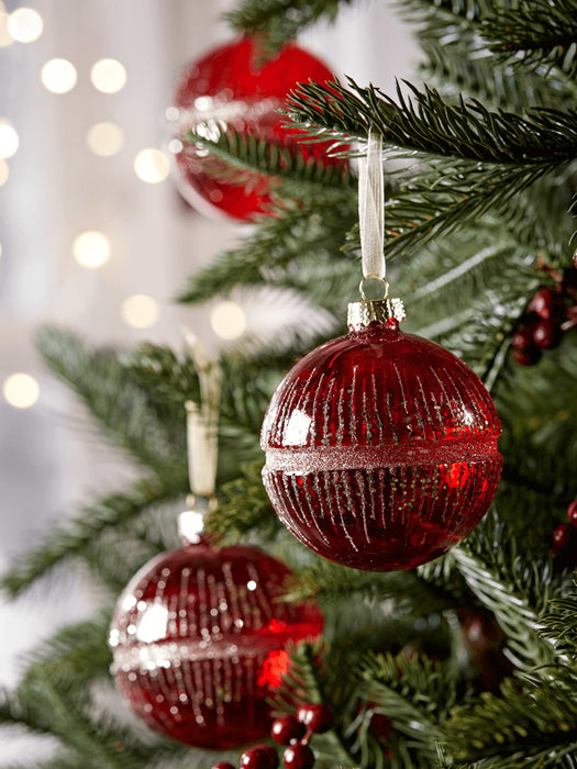 Six Glittered Round Baubles - Red