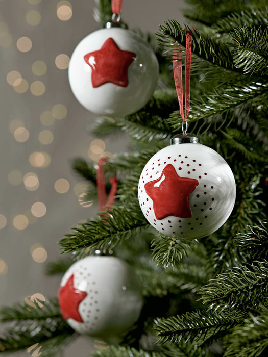 Six Red & Cream Star Baubles