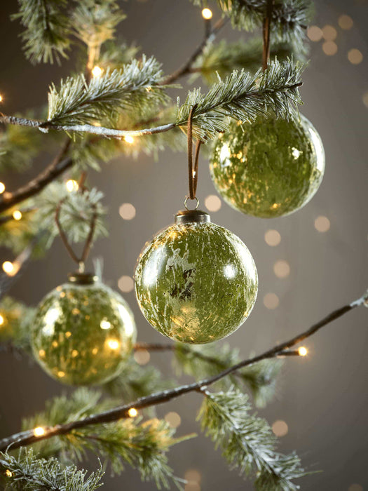 Six Frosted Green Glass Baubles