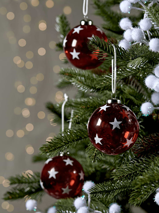 Six Glittered Star Baubles - Red