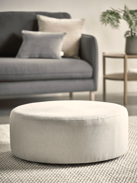 Scandi Round Ottoman - Ash Linen Cotton Blend