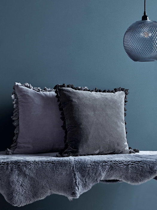 Velvet Tassel Cushion - Light Grey