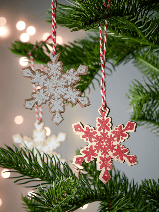 Twelve Red & White Wooden Snowflakes