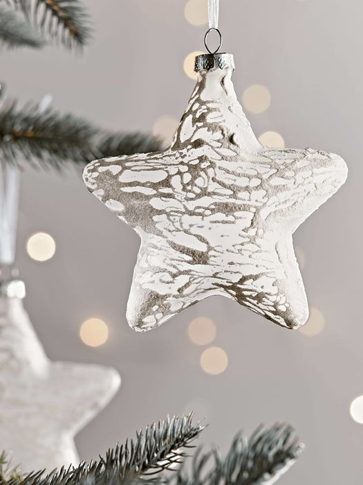 Six Flocked White Star Baubles