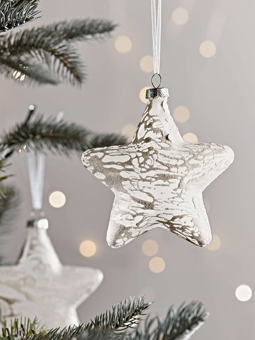 Six Flocked White Star Baubles