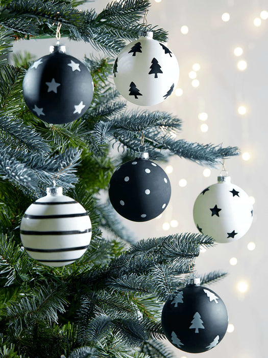 Six Monochrome Glass Baubles
