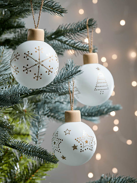 Six White & Gold Motif Baubles