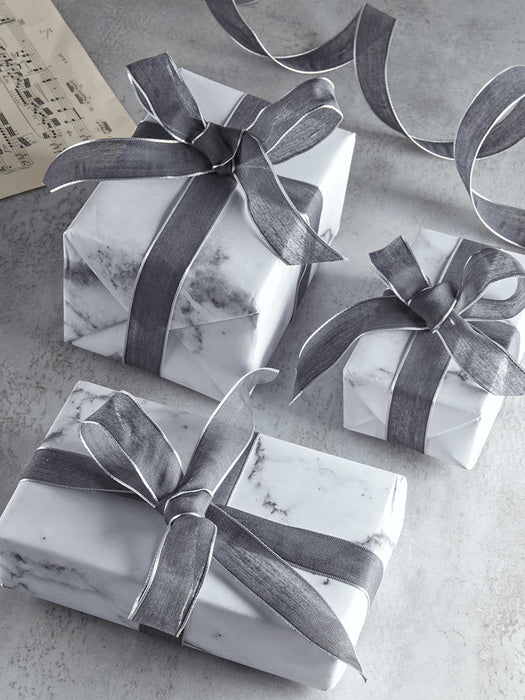 Voile Wired Ribbon - Charcoal & Silver