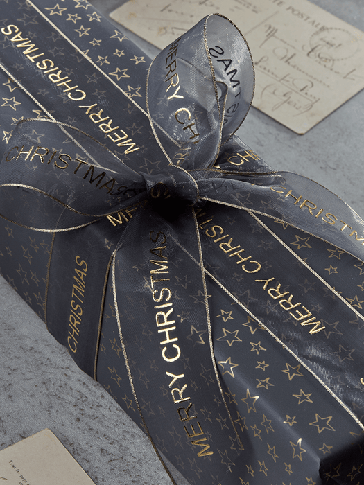 Gold & Grey Organza Merry Christmas Ribbon