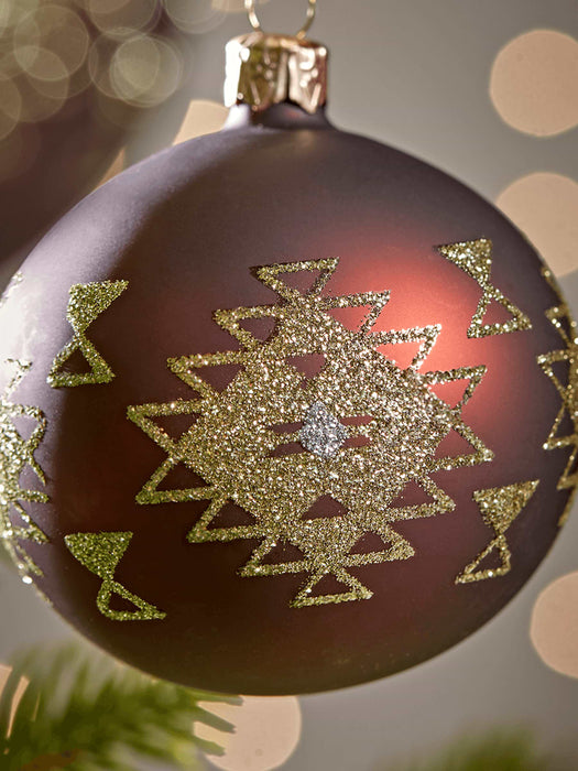 Six Glass Aztec Baubles - Burgundy