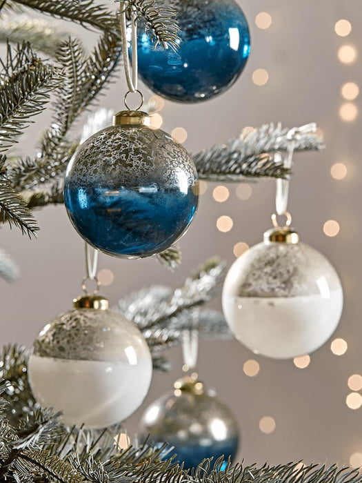 Twelve Blue White Ombre Glass Baubles