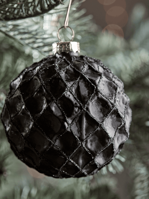 Six Black Textured Glass Baubles