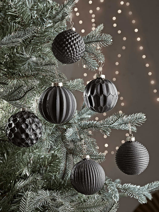 Six Black Textured Glass Baubles
