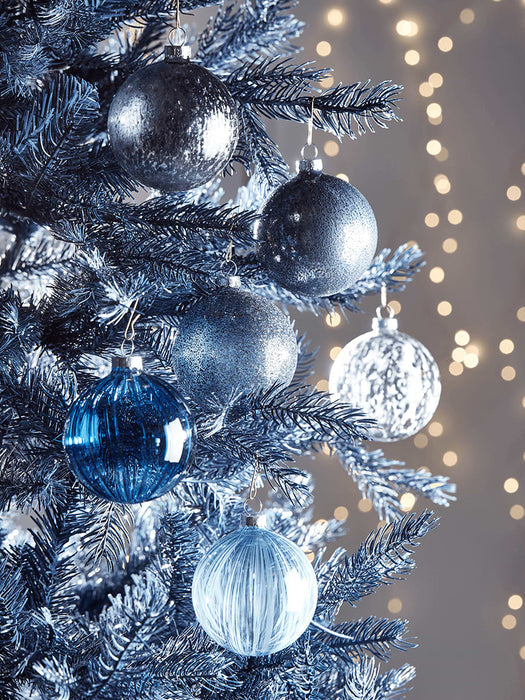 Six Blue & Grey Glass Baubles