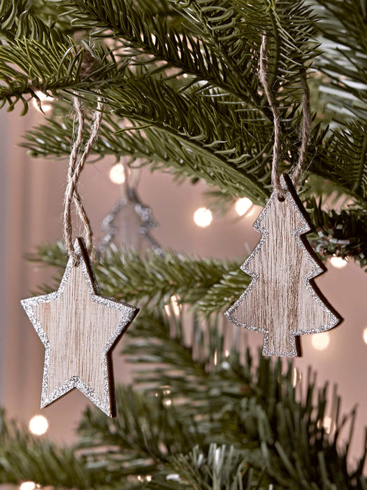 Twelve Wooden Tree & Star Decorations
