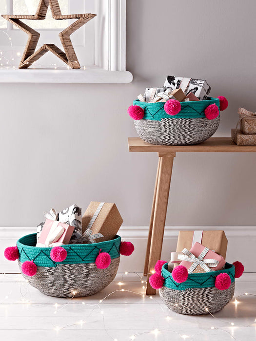 Three Mono Pom Pom Baskets - Turquoise & Fuchsia