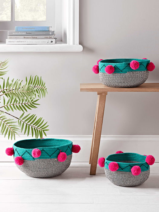 Three Mono Pom Pom Baskets - Turquoise & Fuchsia