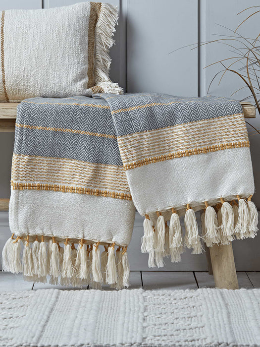Textured Tassel Throw - Grey & Mustard