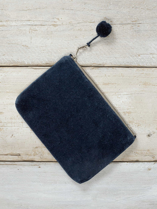 Velvet Pompom Pouch - Navy