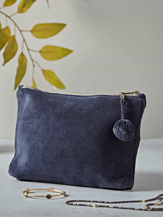 Velvet Pompom Pouch - Navy