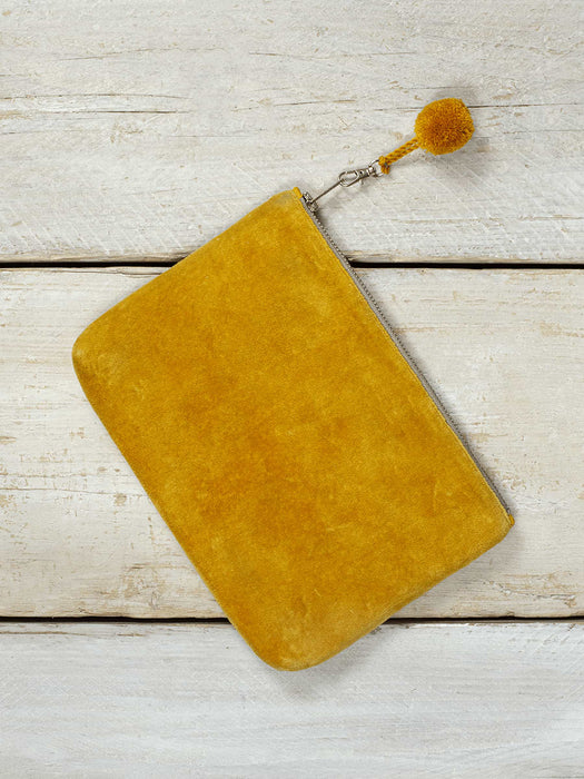Velvet Pompom Pouch - Mustard