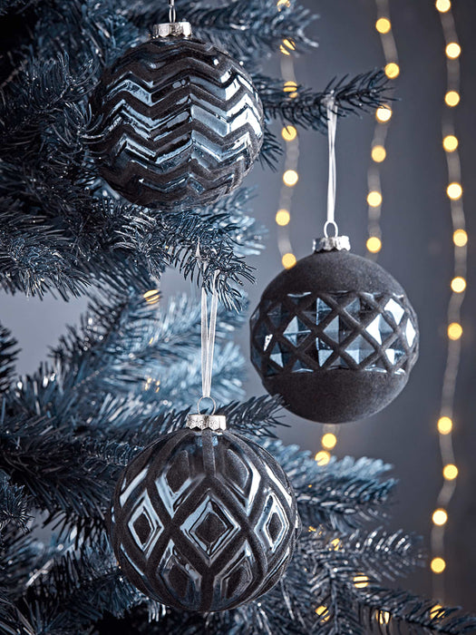 Twelve Large Geometric Glass Baubles - Midnight Blue