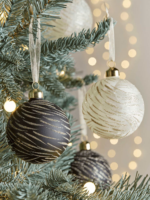 Six Golden Glittered Monochrome Baubles