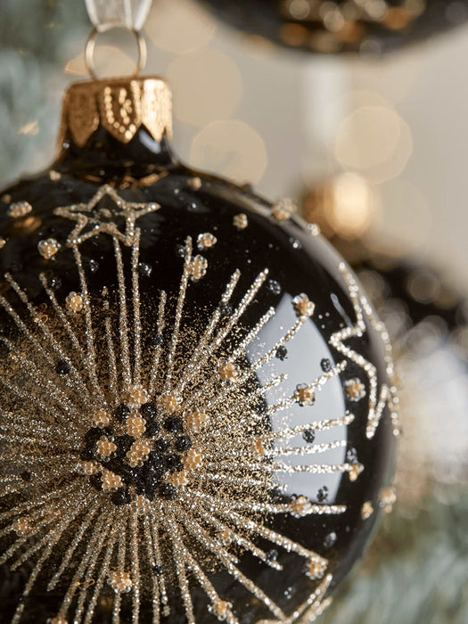 Six Black Starburst Glass Baubles