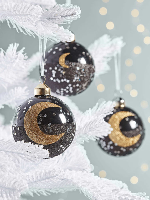 Six Glitter Moon Glass Baubles
