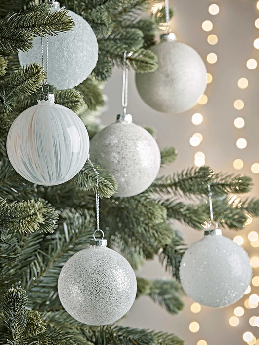 Six Frosted White Glass Baubles