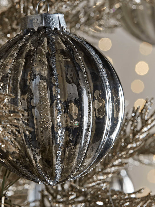 Six Mercuried Glass Fluted Baubles