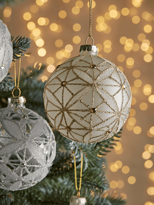 Six Glittered Filigree Glass Baubles