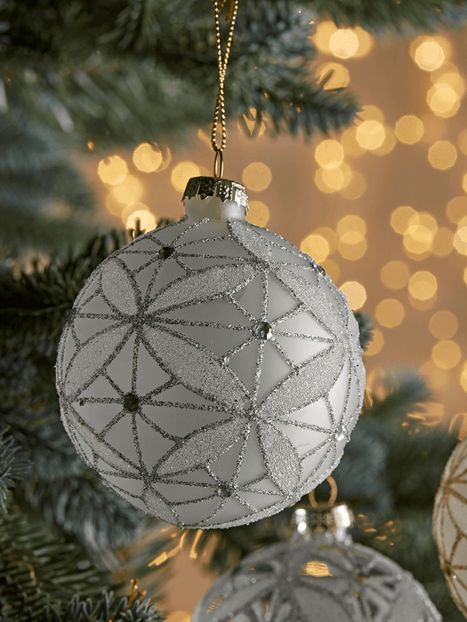 Six Glittered Filigree Glass Baubles