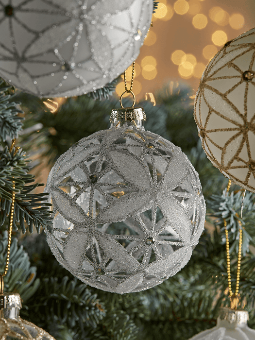 Six Glittered Filigree Glass Baubles