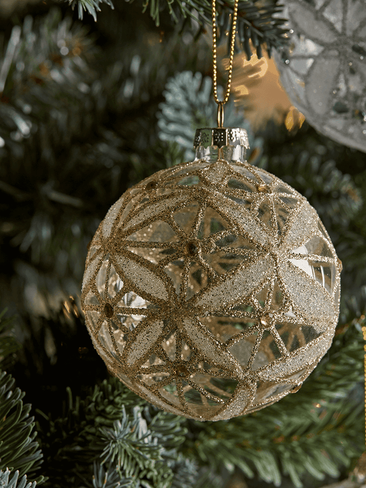 Six Glittered Filigree Glass Baubles