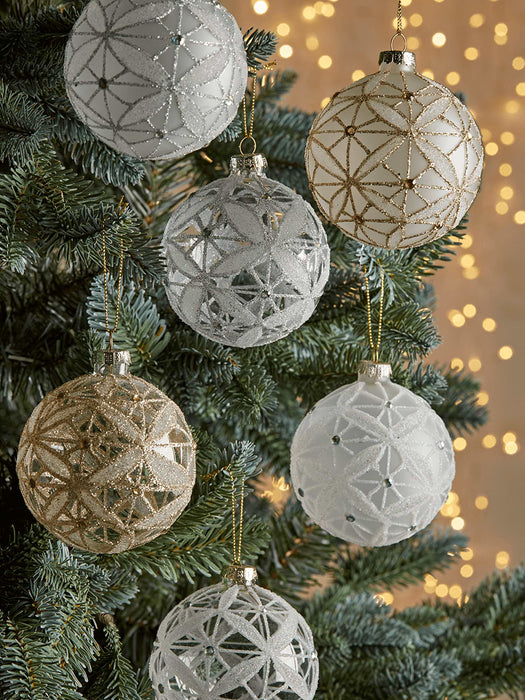 Six Glittered Filigree Glass Baubles