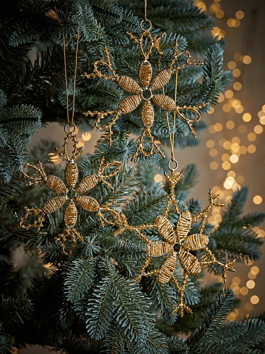 Three Beaded Wire Snowflakes - Gold