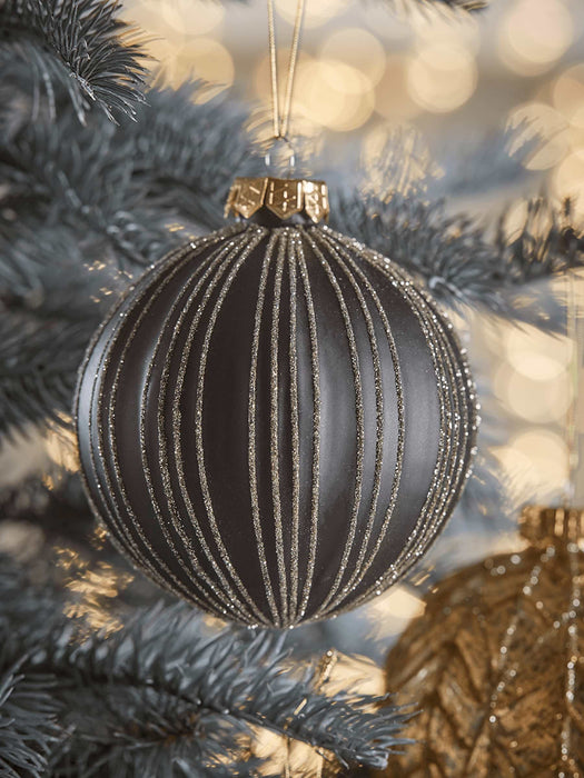 Twelve Large Textured Glass Baubles - Gold & Black