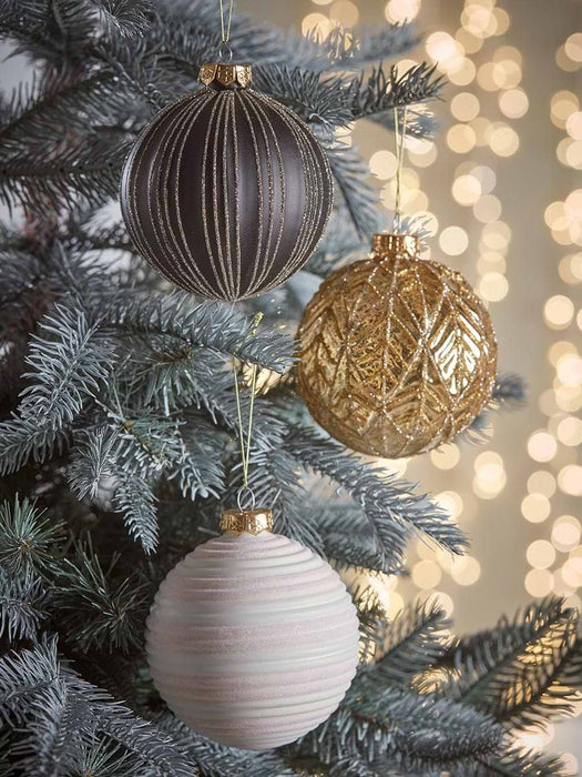 Twelve Large Textured Glass Baubles - Gold & Black