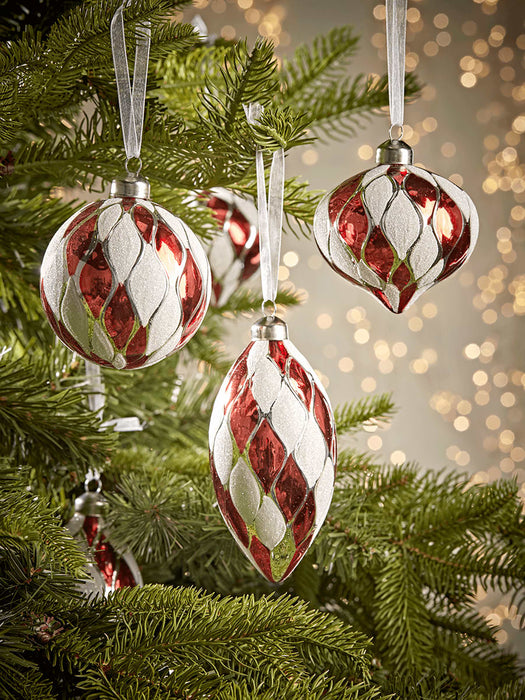 Twelve Red & White Textured Glass Baubles