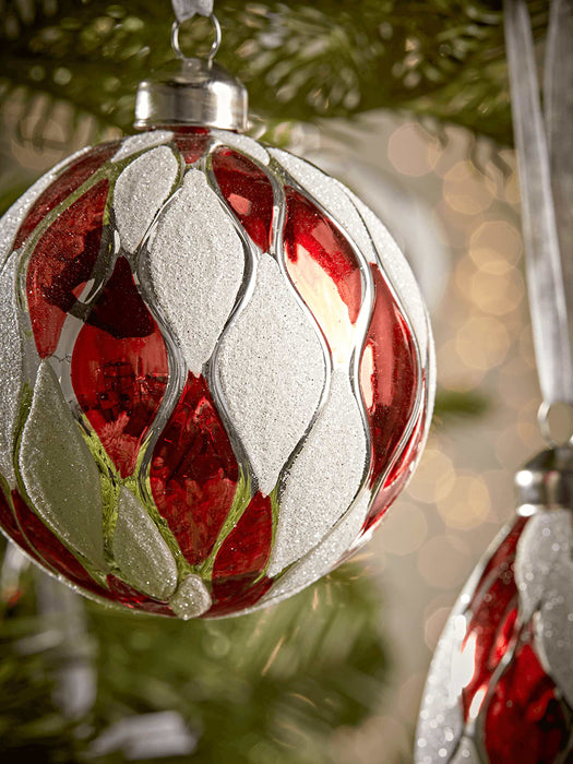 Twelve Red & White Textured Glass Baubles