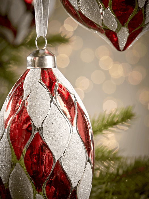 Twelve Red & White Textured Glass Baubles