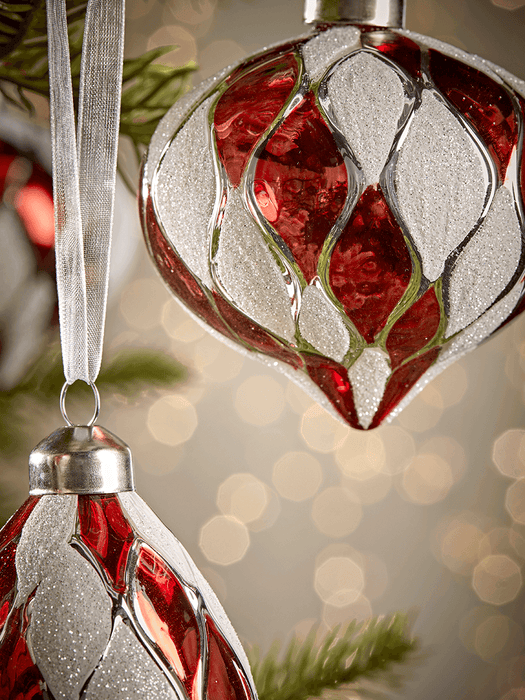 Twelve Red & White Textured Glass Baubles